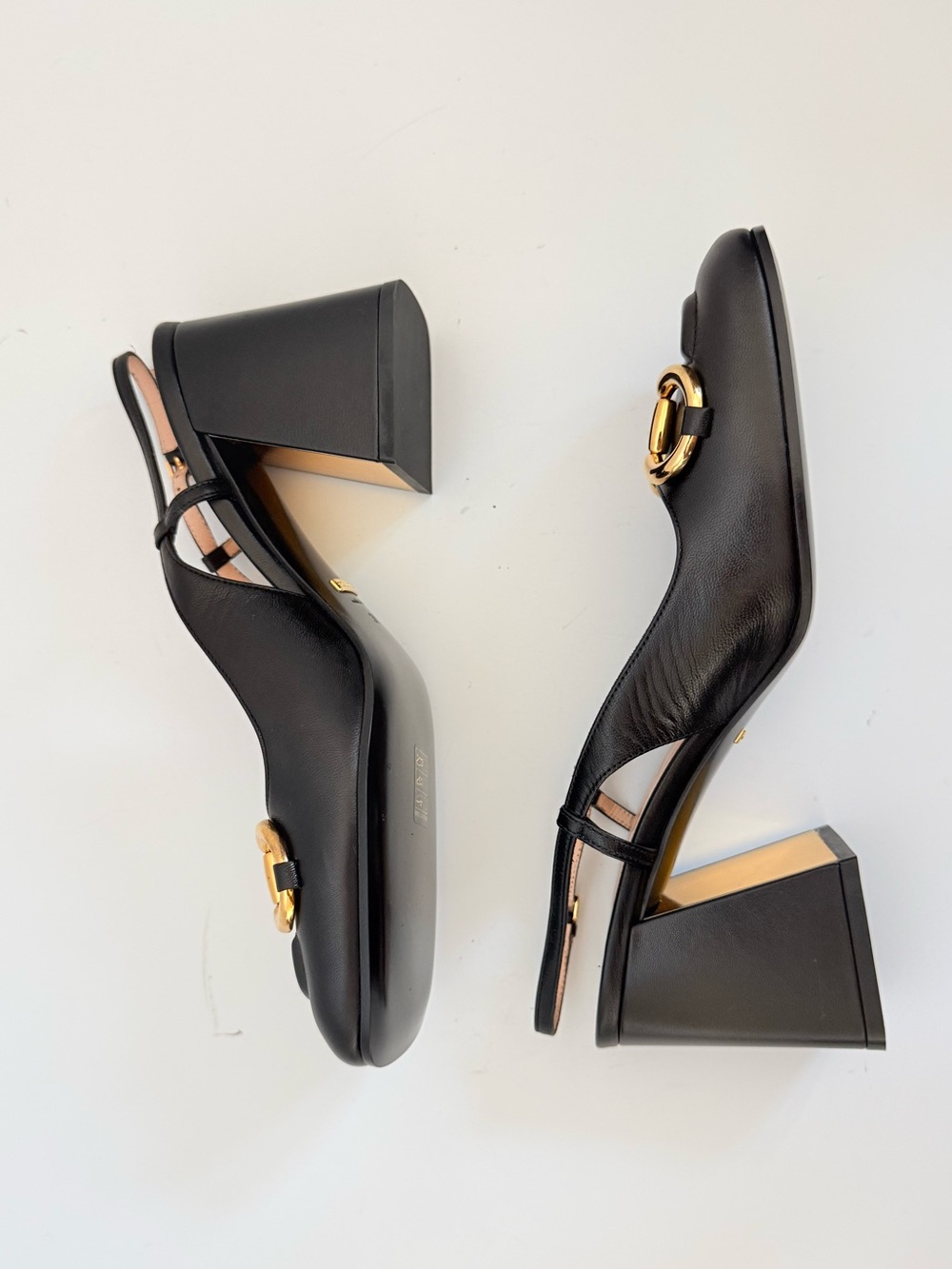 Gucci Malaga kid Horsebit 75mm Black Leather Slingback Pumps Gold Block Heel 38 - Picture 6 of 11